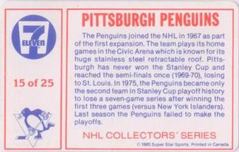 1985-86 7-Eleven NHL Collectors' Series #15 Mario Lemieux / Mike Bullard verso