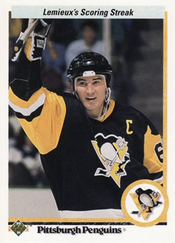1990-91 Upper Deck #59 Lemieux's Scoring Streak HL, VAR
VAR: Hologram on back is 1990 hockey sticks style recto