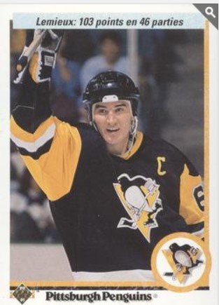 1990-91 Upper Deck French #59 Lemieux: 103 Points en 46 Parties HL, VAR
VAR: Hologram on back is 1990 hockey sticks style recto